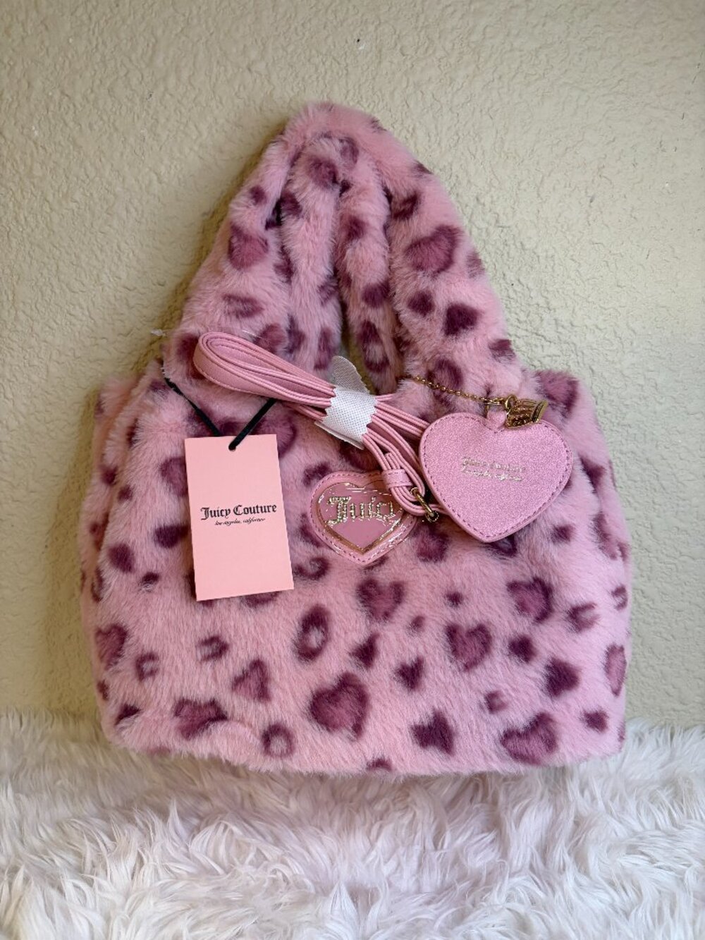 Juicy Couture Warm Up Mini Tote Pink Leopard Cheetah Faux Fur Bag NWT